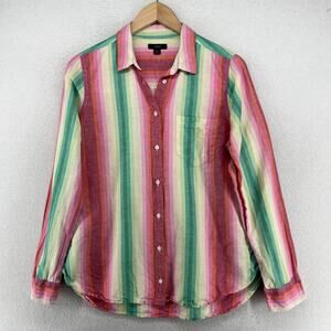 J.CREW Top Womens 10 Classic Fit Boy Shirt Rainbow Striped Linen Cotton Pink
